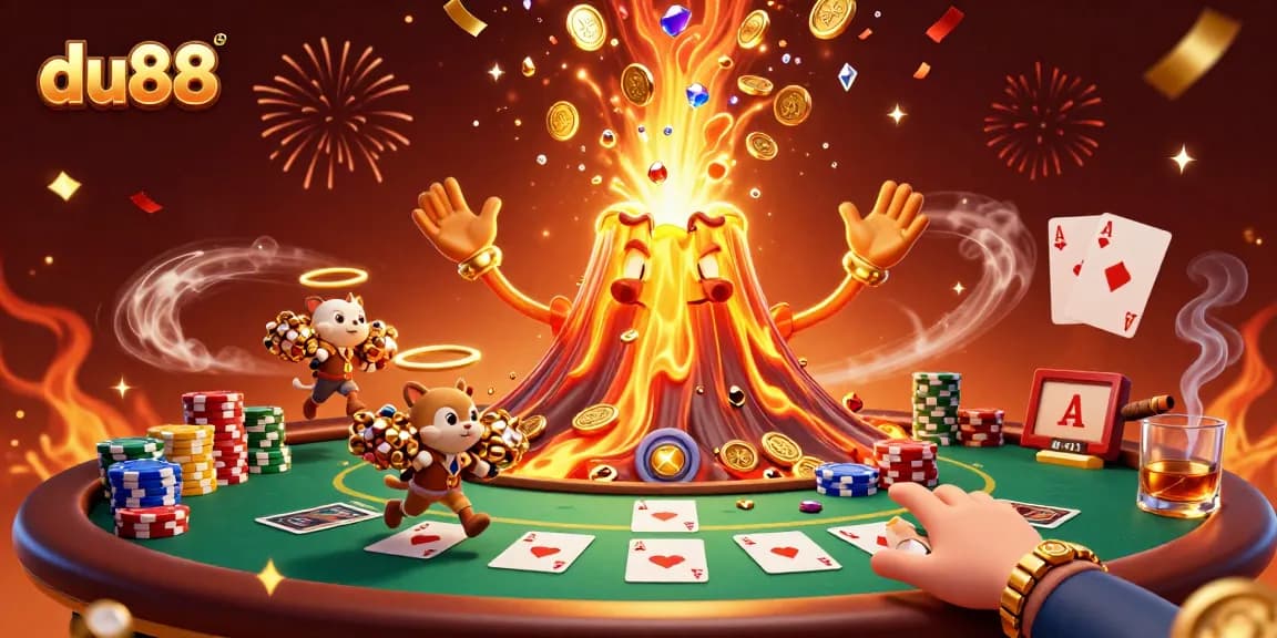 Engage with du88's thrilling casino adventures featuring erupting treasures and poker action.