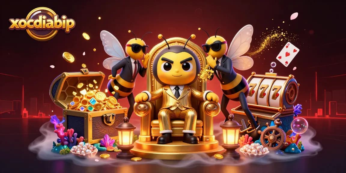 Xocdiabip casino illustration featuring a bumblebee mob boss with jewels and playing cards.