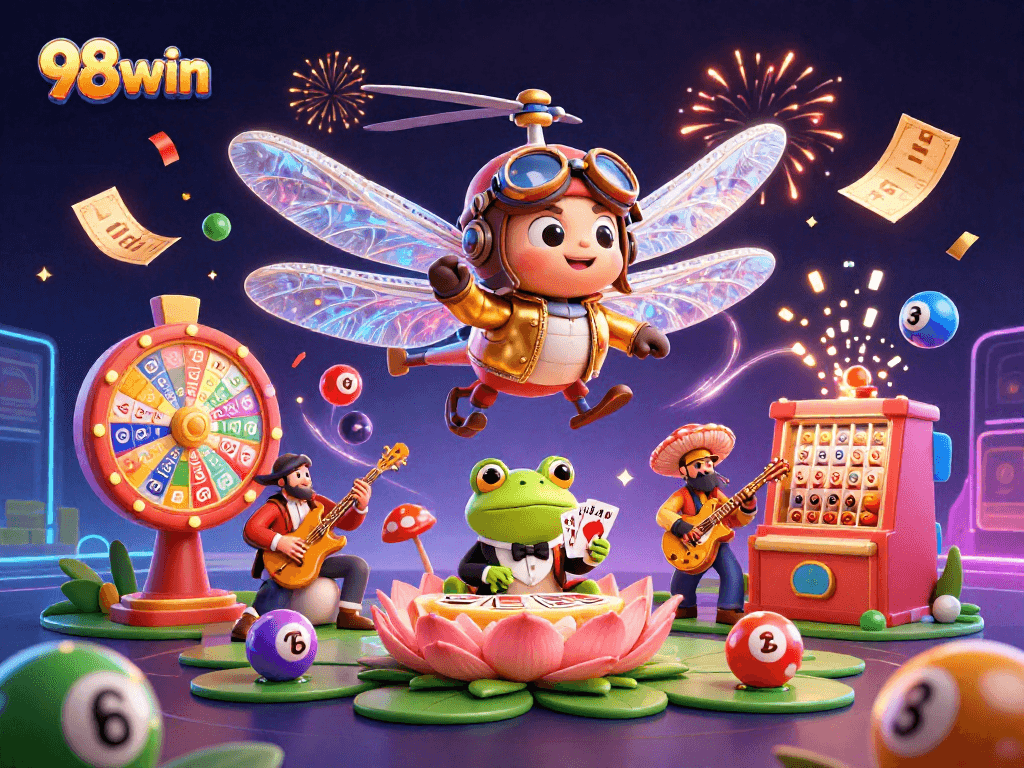 Experience 98win's thrilling casino excitement with colorful characters in a lively gaming scene.