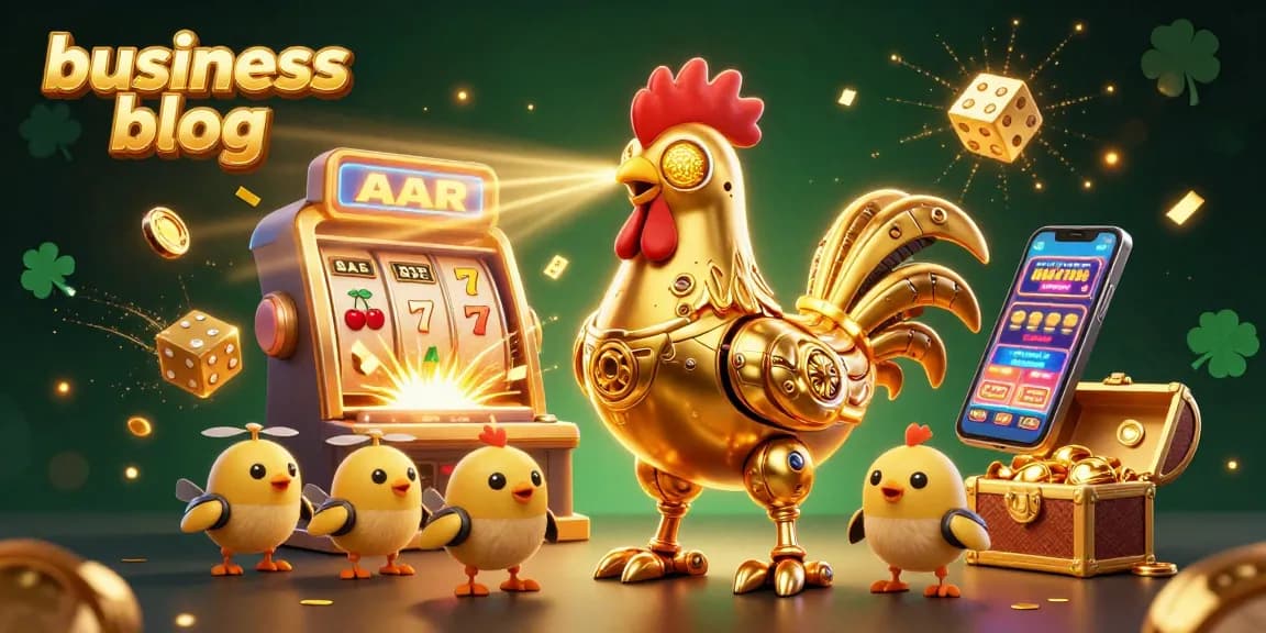 Engage with our business blog showcasing a fun 3D casino scene full of bright slot machine elements.