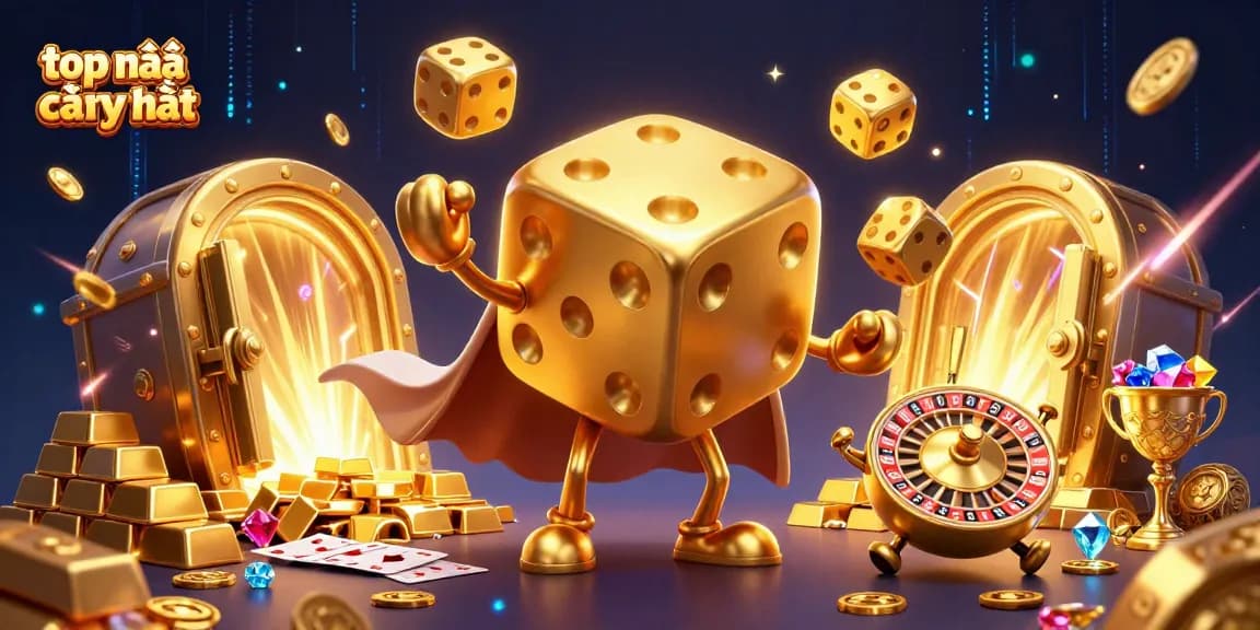 Engage in thrilling adventures with top nhà cái uy tín as a majestic golden dice golem juggles fortunes in a vibrant 3D casino scene.