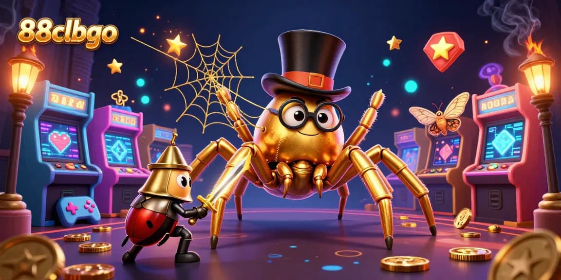 Engage with 88clbgo's thrilling gaming world featuring a vibrant tarantula, knight, and arcade elements immersed in casino action.