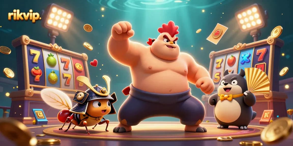 Experience the excitement of rikvip with a dynamic 3D illustration featuring an animated sumo wrestler, samurai cricket, and tanuki announcer.