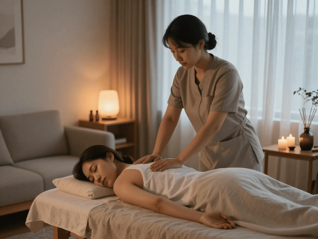 양천구출장마사지 service showcasing a peaceful home setting with a professional therapist and relaxed customer.