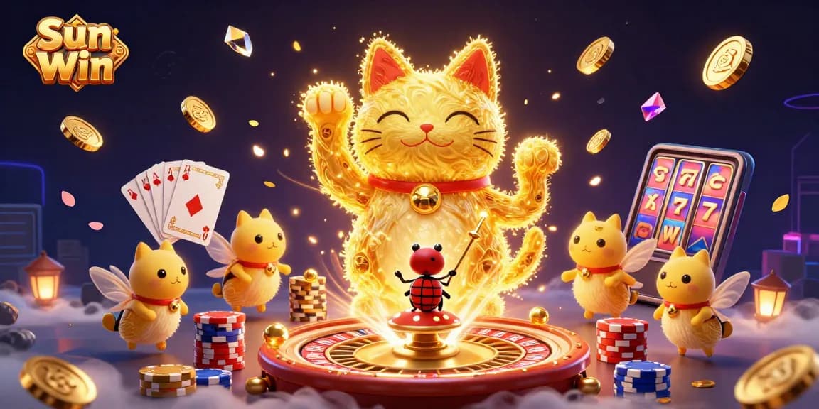 Experience Sun Win’s dynamic gaming scene with a giant lucky cat and vibrant casino elements.
