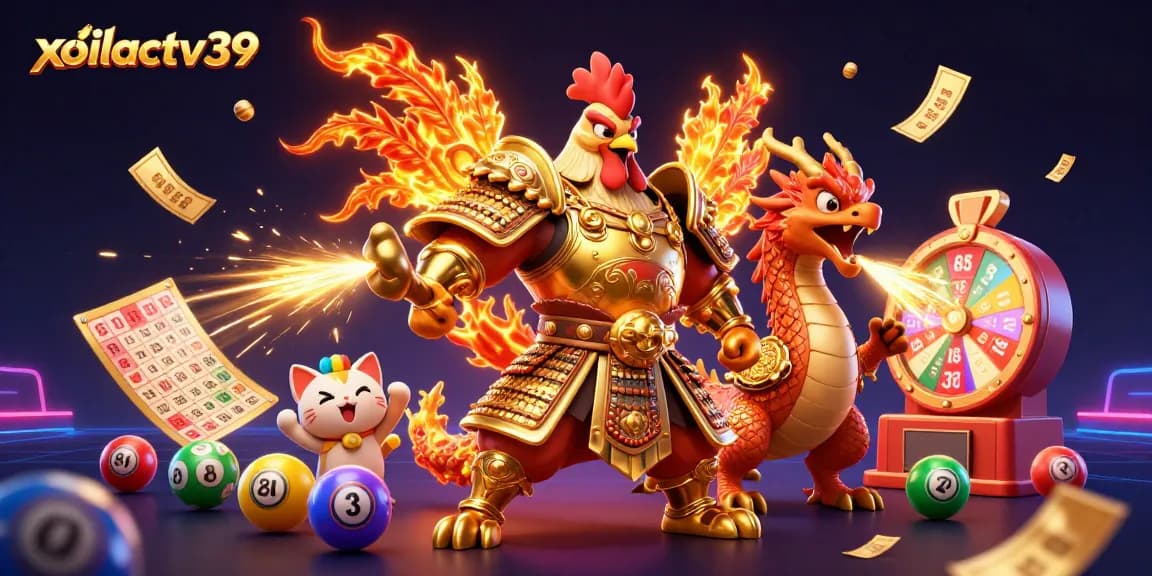 Watch dynamic gaming action with xoilactv39, featuring vibrant characters and lottery elements.