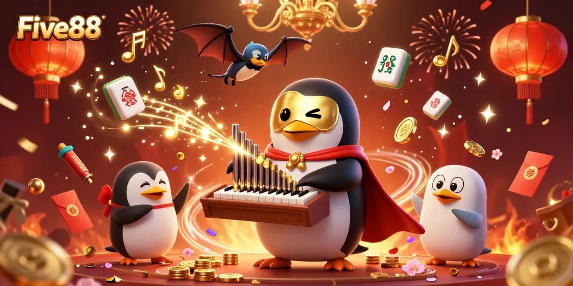 Engage with Five88 at this vibrant casino scene with the penguin and golden musical notes.