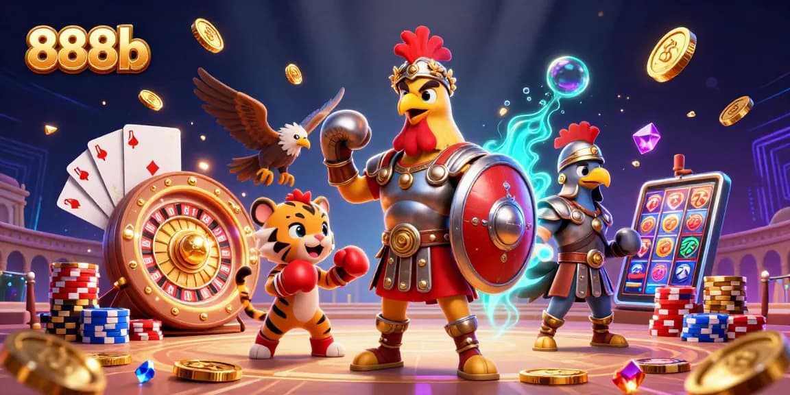 Engage with thrilling 888b casino action featuring a gladiator rooster and gold coins scattering around.