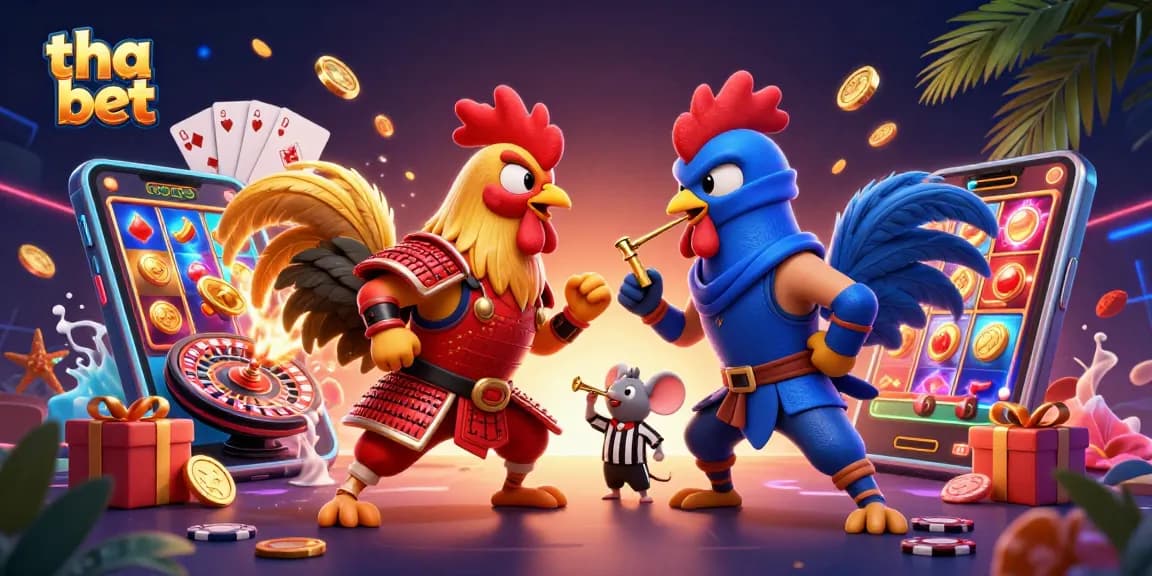 Engage with thrilling action at tha bet featuring a dramatic rooster standoff and vibrant casino elements.