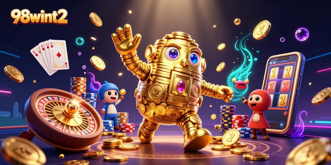 Engage with 98wint2’s dynamic casino world featuring a golden golem, slots, and vibrant gameplay elements.