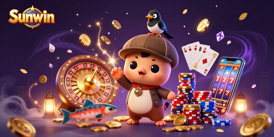 Experience the excitement of Sunwin online gaming with playful characters and dazzling casino elements.