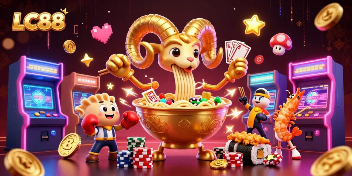 Engage with LC88's vibrant 3D casino scene featuring colorful game elements and dynamic characters.