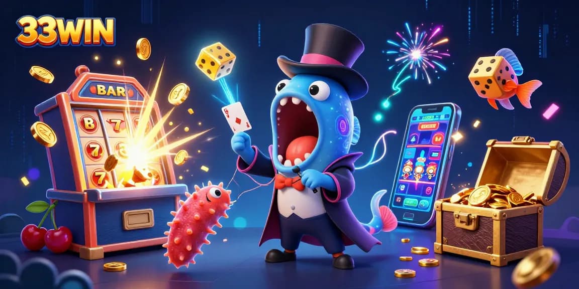 33WIN engages players with a magical casino scene featuring vibrant characters performing tricks.