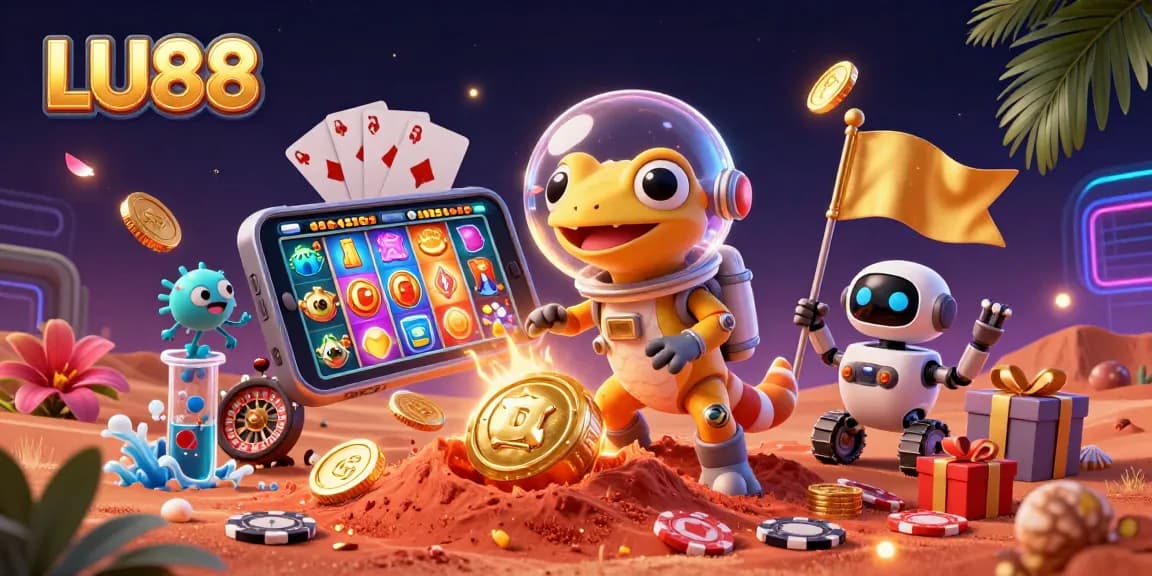 LU88 introduces a digital casino adventure with Martian gecko discovering treasures among spins and wins.