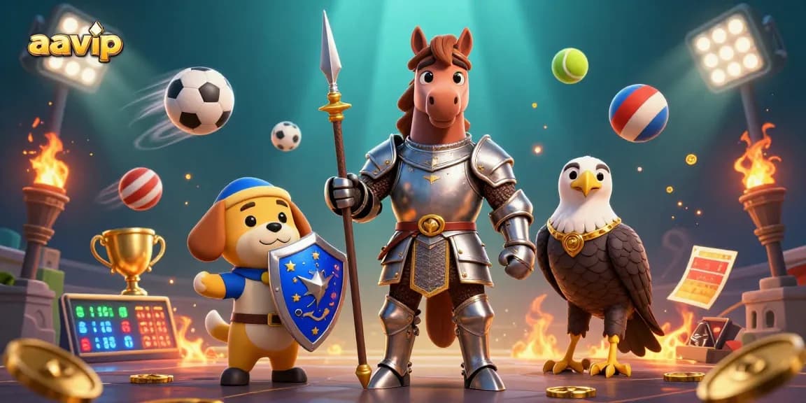 Engage with AAVIP's vibrant gaming scene featuring a knight, a puppy, and dynamic sports elements.