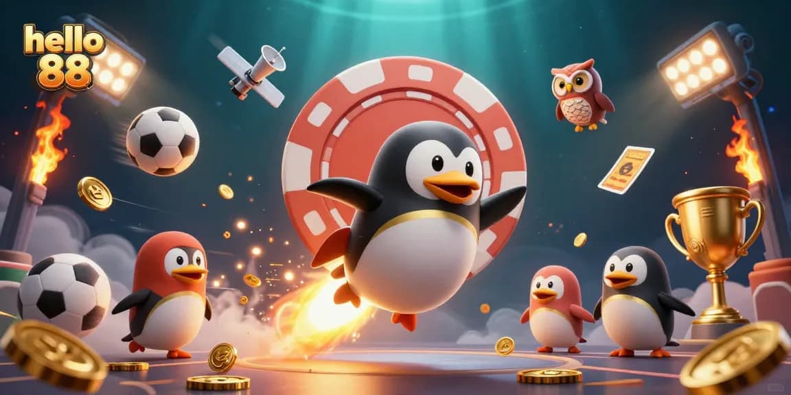 Experience hello 88's vibrant casino atmosphere with a golden penguin and exciting sports elements.