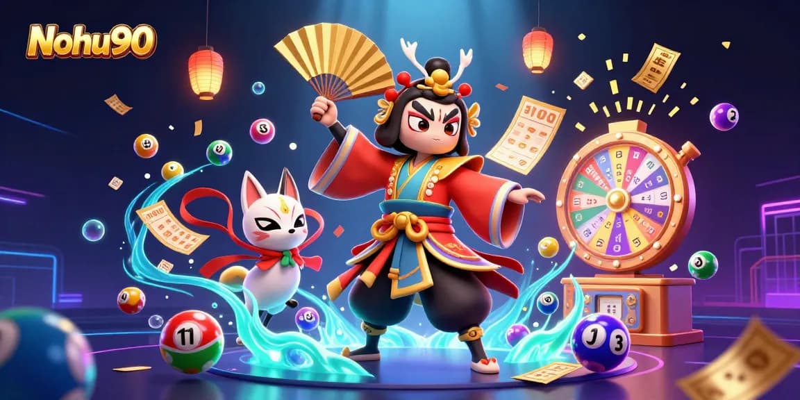 Nohu90 features a lively 3D casino scene with kabuki warrior, lucky lottery elements, and vibrant colors.