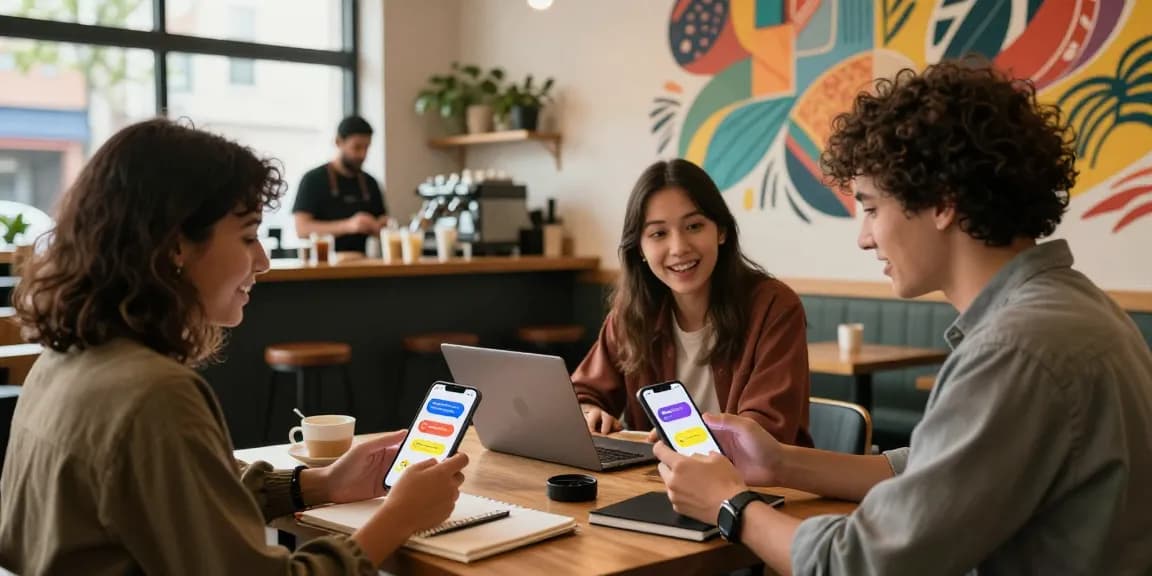 Engaged friends using spicychat AI app in a modern coffee shop.