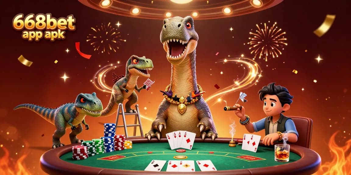 Engage with the 668bet app apk featuring a vibrant casino scene with dynamic characters and poker elements.