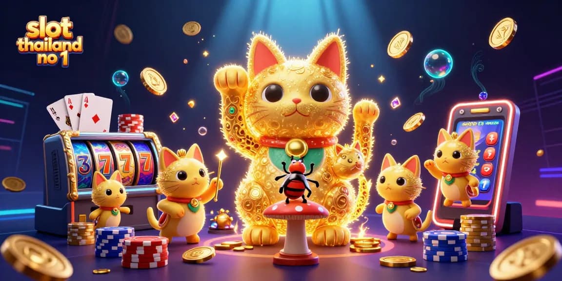Experience winning at slot thailand no 1 with vibrant 3D casino symbols, lucky cat, and golden coins.