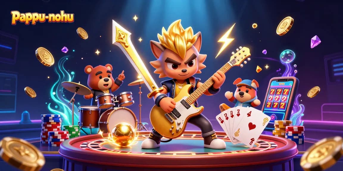 Pappu-nohu excitingly showcases a rock star wolf and drummer bear in a vibrant casino scene filled with golden coins and dynamic elements.