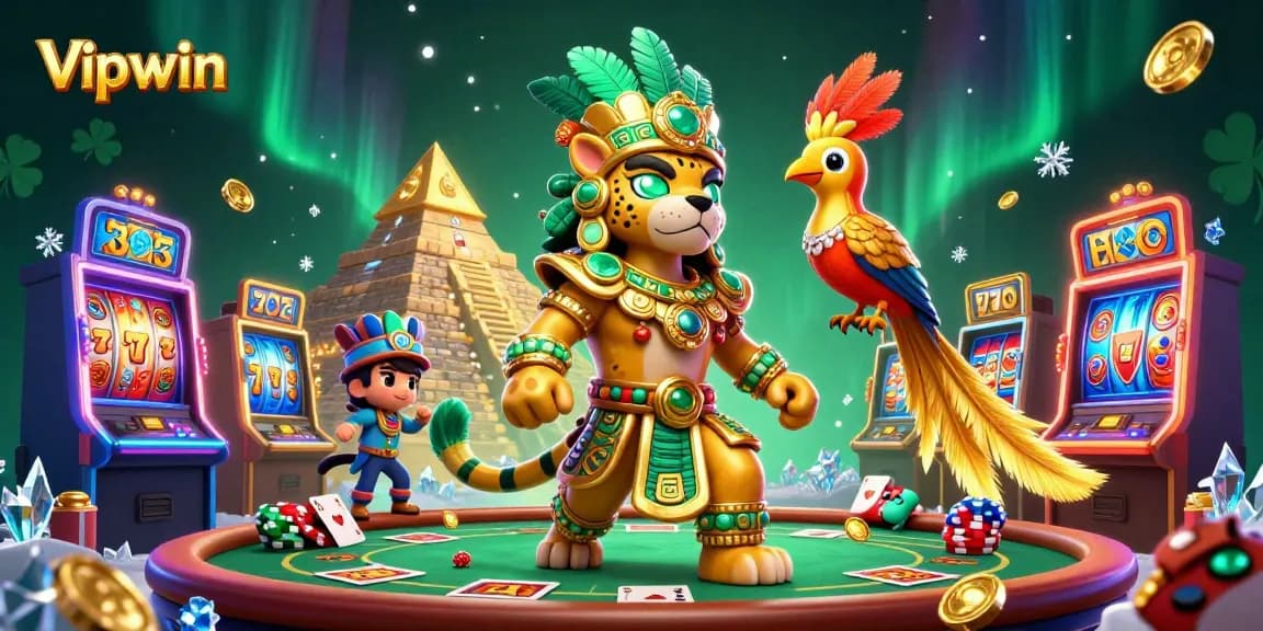 Experience thrilling gameplay with Vipwin's vibrant 3D casino illustration showcasing colorful slot machines.