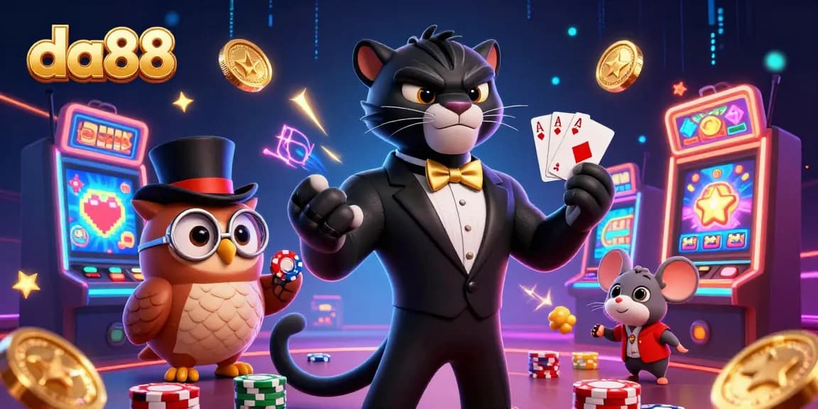 Experience thrilling card games with da88's stylish panther dealer and vibrant casino elements.