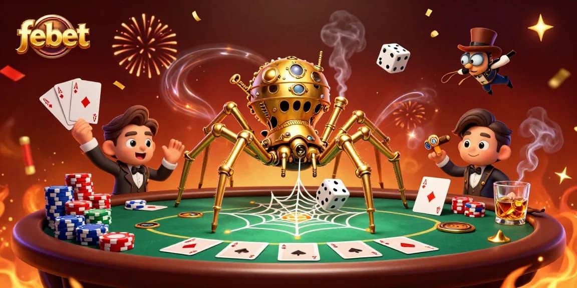 febet catches luck with a steampunk spider web in a 3D casino scene filled with poker elements