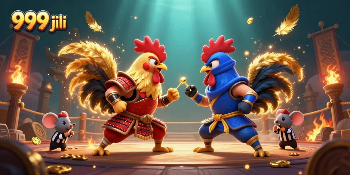Bet on thrilling action with 999 jili's samurai and ninja rooster duel amidst golden coins.