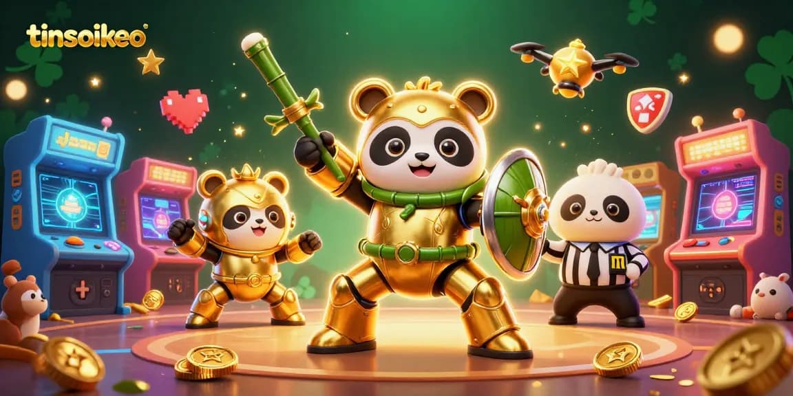 Engage in thrilling gaming with tinsoikeo as the golden panda battles in a vibrant arena.