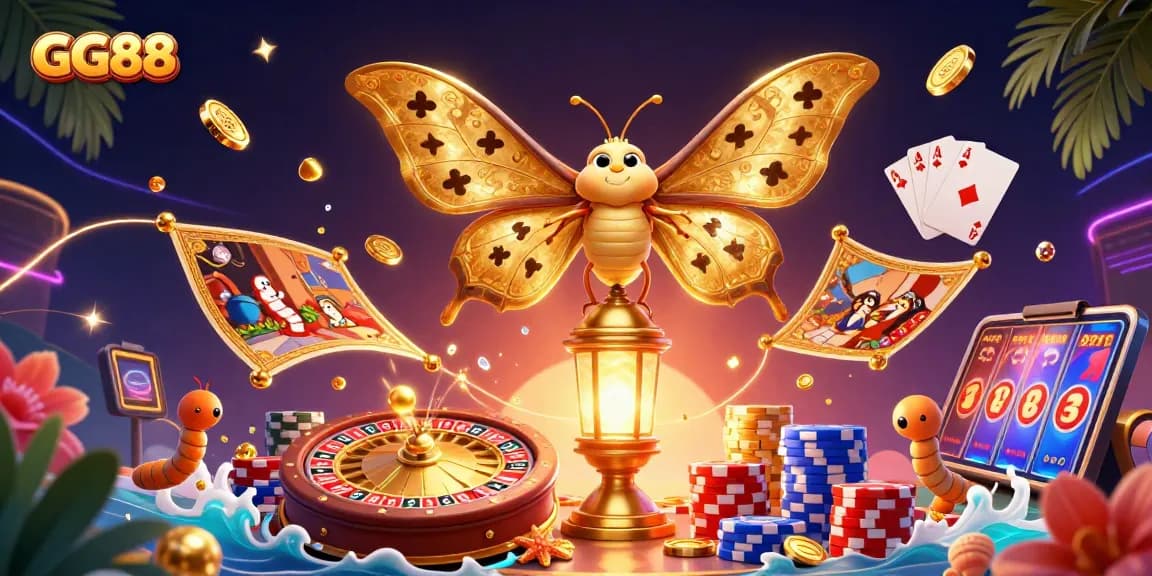 Experience exciting gaming with GG88, featuring vibrant 3D casino elements in an immersive illustration.
