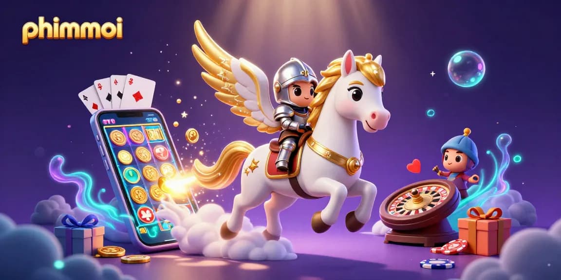 Play phimmoi slots with a vibrant 3D scene featuring a celestial horse and dynamic casino elements.