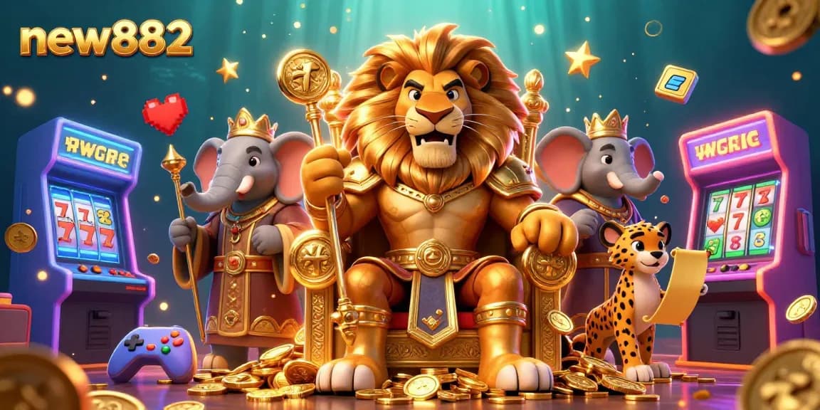 Discover exciting game wins and offers at new882, featuring a majestic lion king and vibrant casino elements.