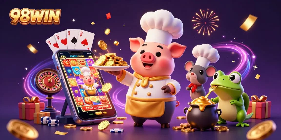 98WIN delights gamblers with golden coins and vibrant casino action in a lively 3D illustration.