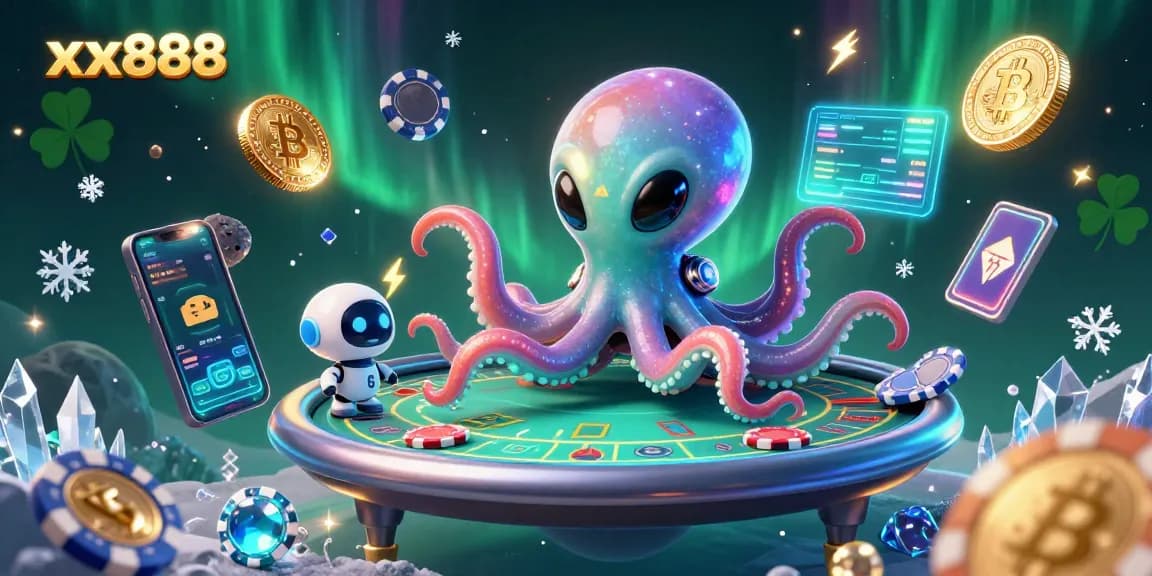 Bet on xx888 with this dynamic scene of an alien octopus operating a holographic poker table in space.
