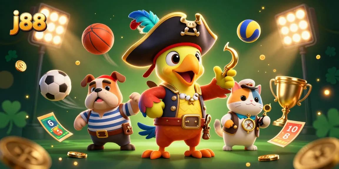 Experience exciting gaming with j88 featuring a playful pirate captain and friends in a lively, sports-inspired scene.