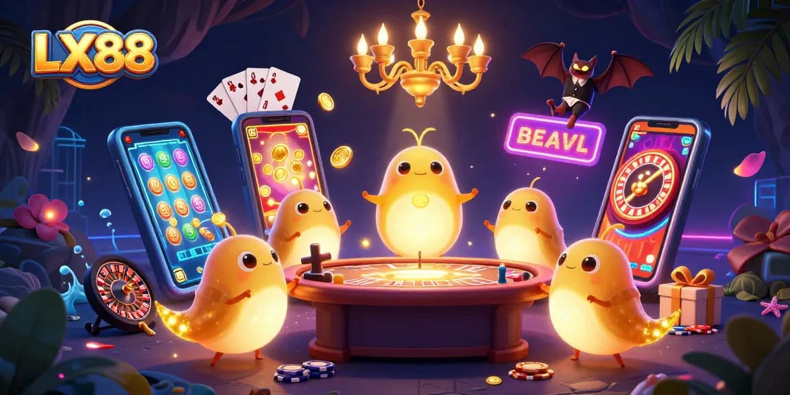 LX88 illuminates a vibrant cave casino as glowworms light a card table, enhancing the gaming atmosphere.