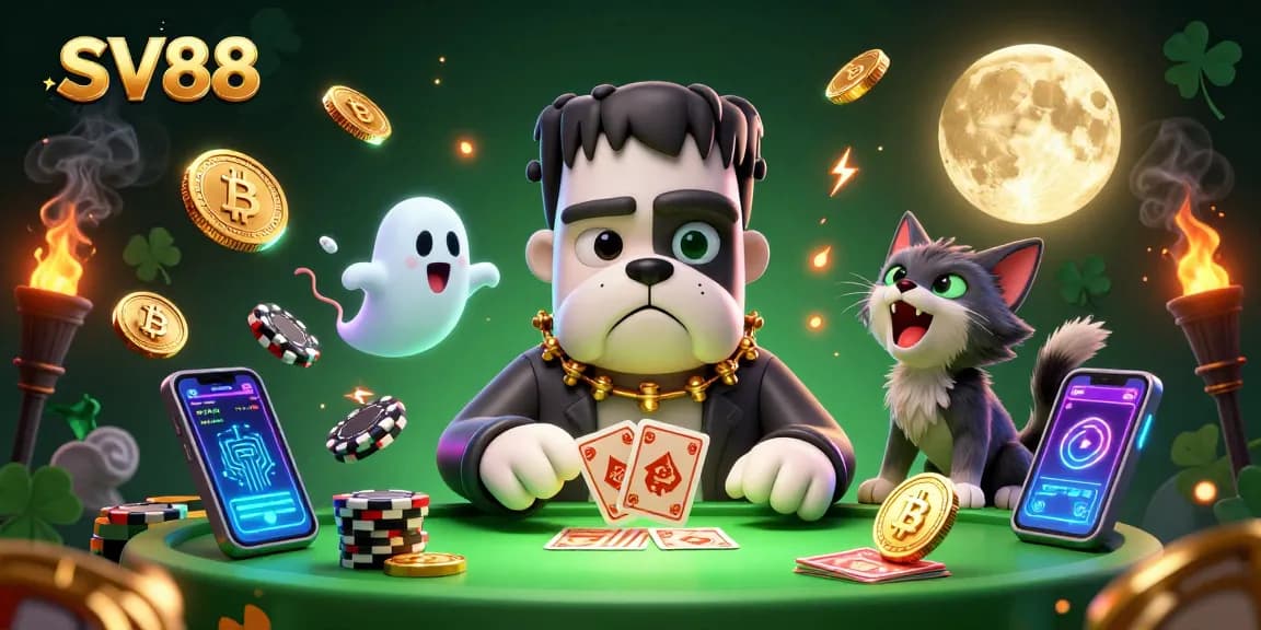 Engage with SV88 at a dynamic casino scene featuring a Frankenstein bulldog and werewolf kitten.
