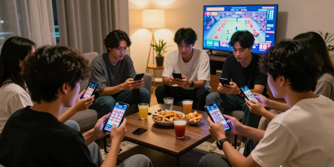 Dynamic gaming scene with friends enjoying situs slot deposit 10 ribu on smartphones in a cozy living room.