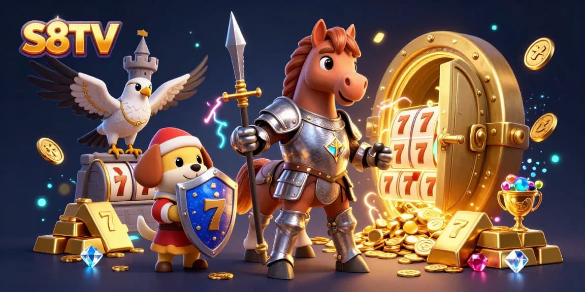 S8TV brings epic casino excitement with a medieval knight, squire puppy, and falcon amidst treasures.