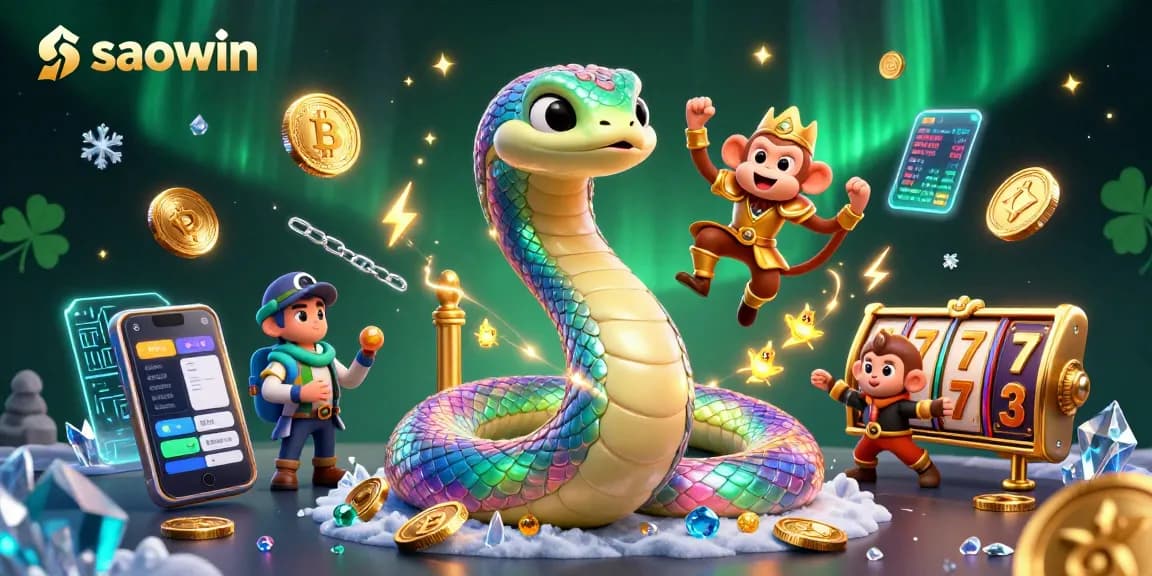 Win big at saowin with a vibrant, dynamic 3D casino scene featuring a colorful serpent and gold coins.