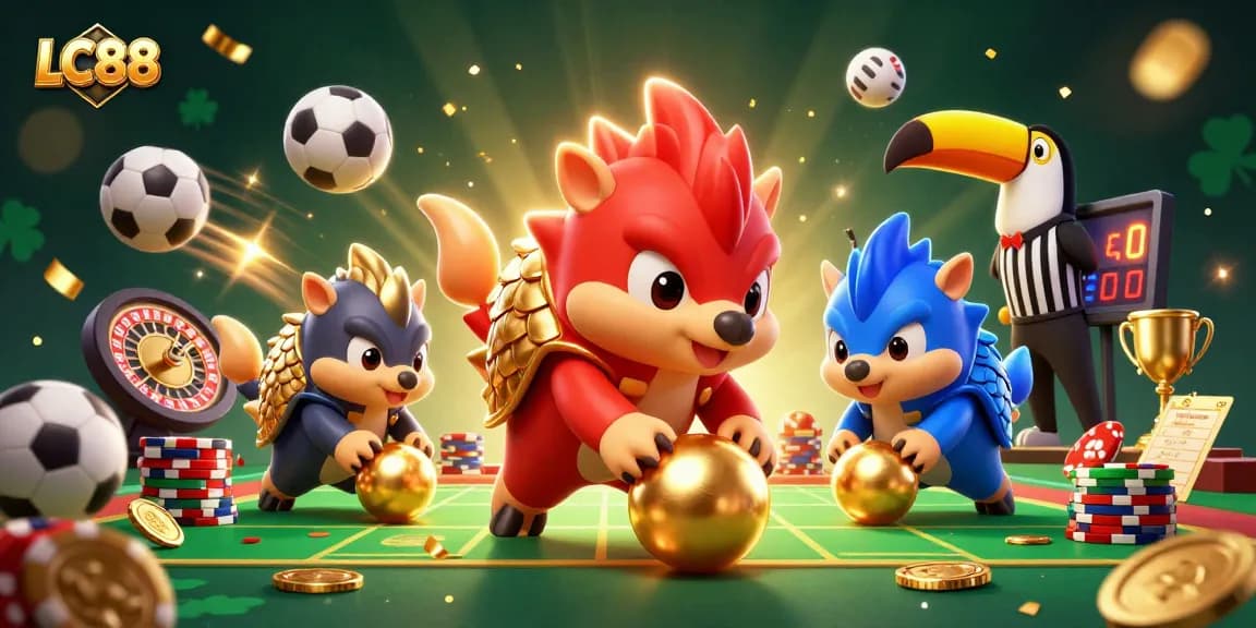 Engage in thrilling gameplay at LC88 with dynamic pangolins rolling through poker chips in a vibrant casino scene.
