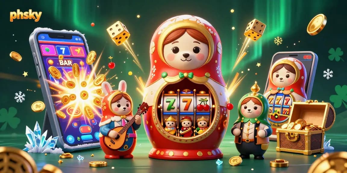 Engage with thrilling phsky gaming experiences as the 3D Matryoshka bear and friends celebrate wins!