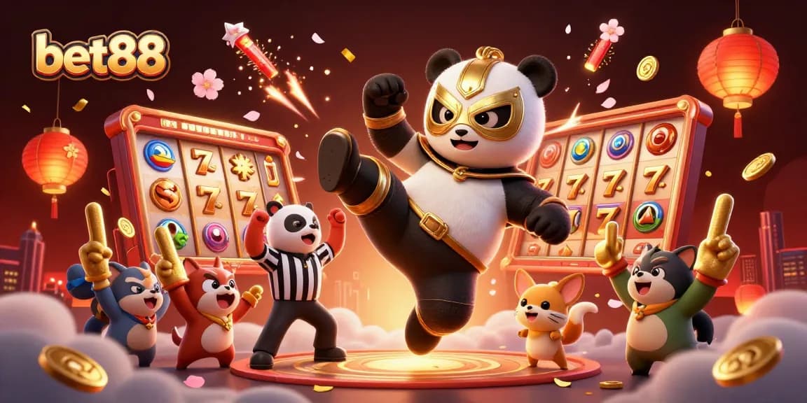 Experience excitement with bet88 as a panda wrestler in action amidst slots and festive elements.