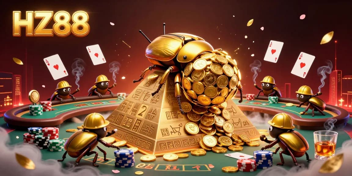 Experience HZ88's vibrant casino scene with golden beetles and poker tables in action.