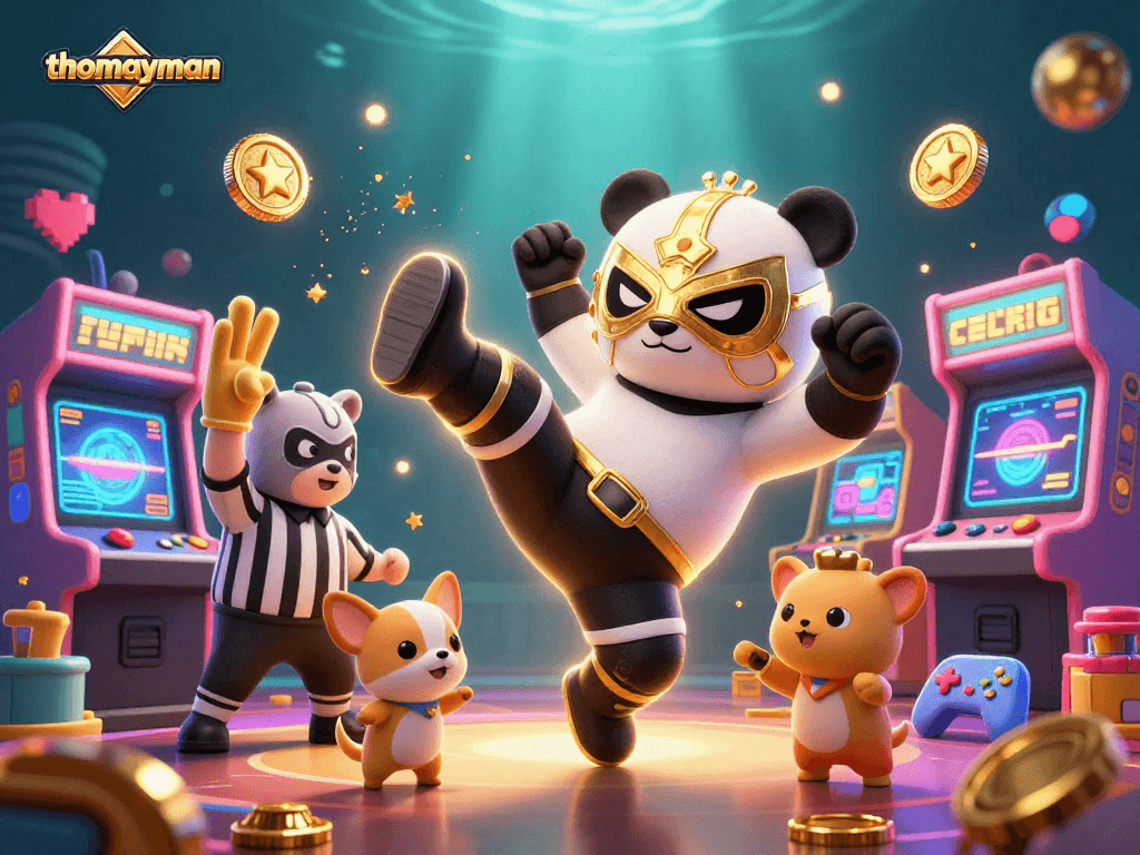 Experience the thrill of thomayman with a panda wrestler flying through an exciting casino scene.