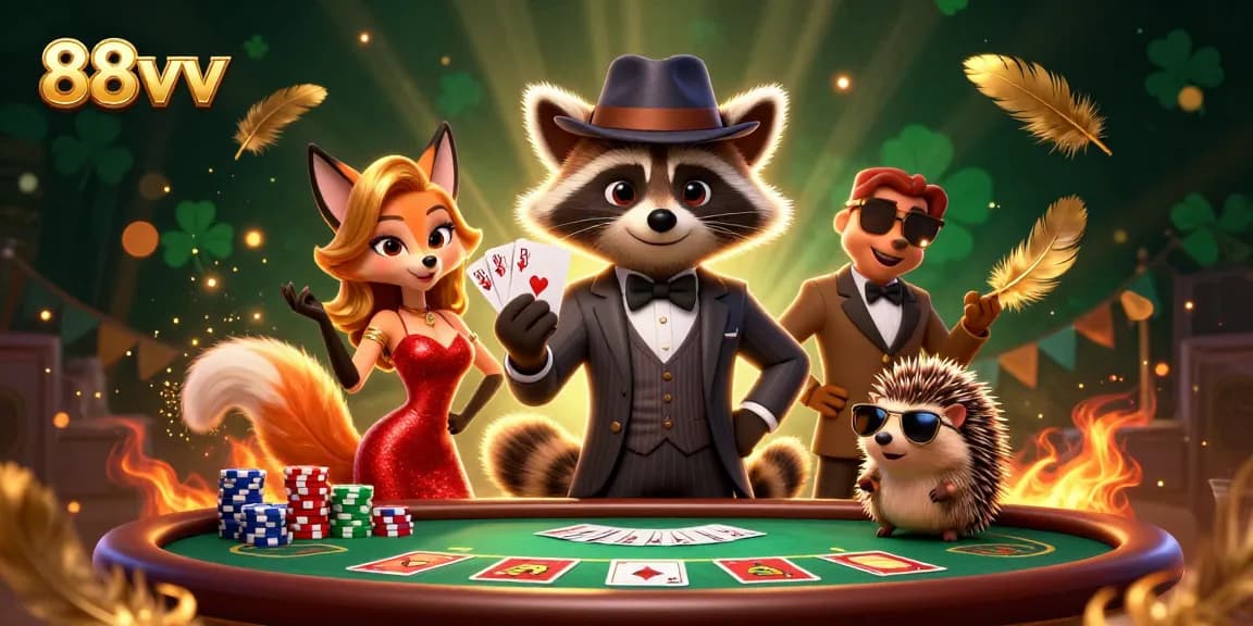 Bet big with 88vv as a suave raccoon wins with a royal flush at a vibrant poker table.