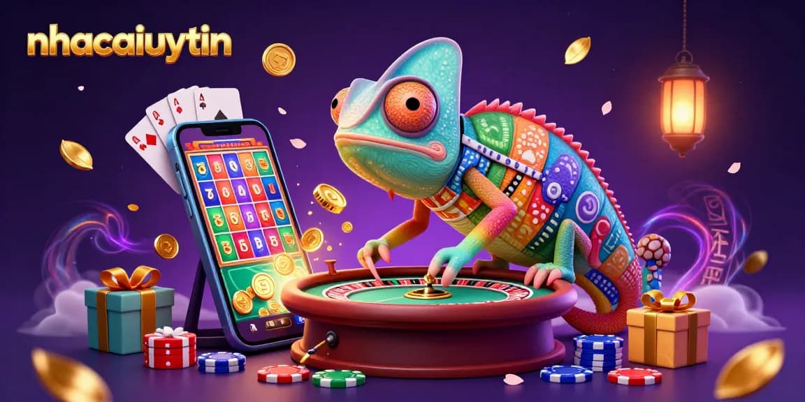 Engage with the colorful excitement of nhacaiuytin's dynamic casino scene featuring a chameleon owner and slot games.