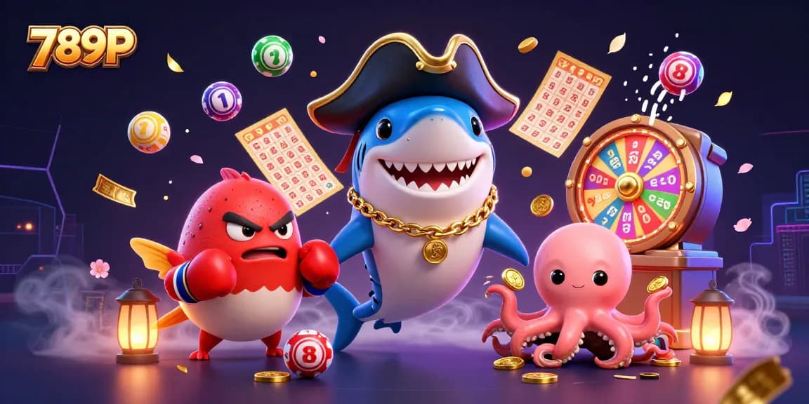 Engage in thrilling games with 789P featuring a pirate shark, pufferfish, and octopus amidst colorful lottery elements.