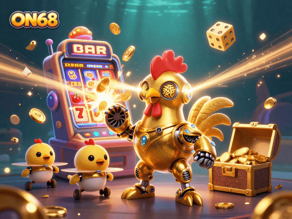 Explore exciting gaming moments at ON68 with vibrant slot machines and dynamic characters.